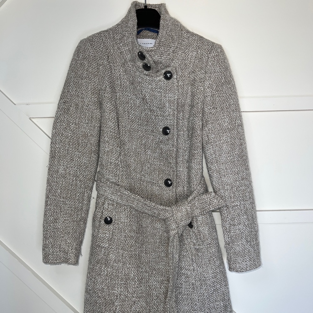 T Tahari Izzy Wool Tweed Belted Military Coat